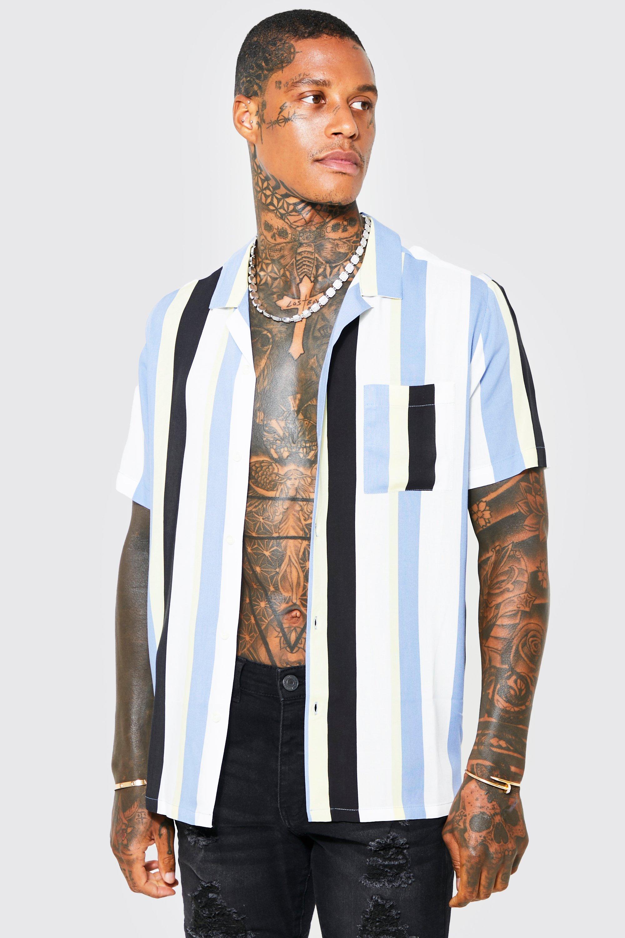 Short Sleeve Revere Stripe Viscose Shirt | boohooMAN USA